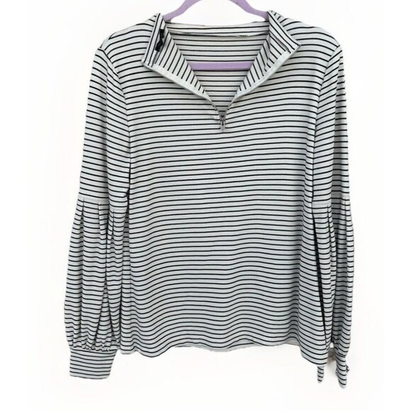 Ann Taylor Womens Medium Mock Neck Top Black White Striped Career Stretch Jersey - Picture 9 of 9
